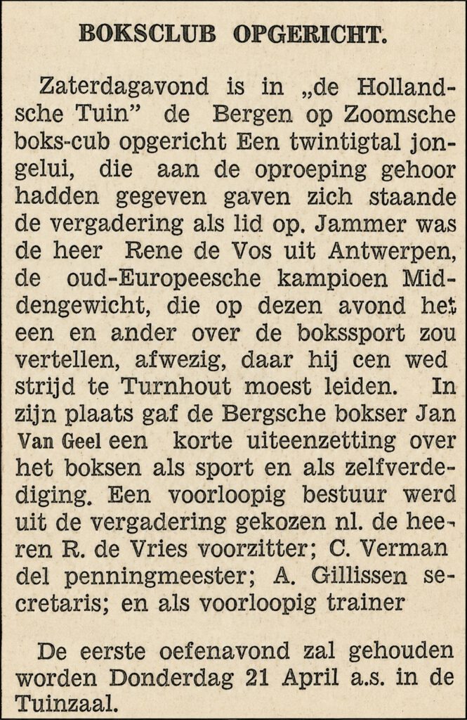 Historisch krantenartikel over de oprichting van een boksclub in Bergen op Zoom met Jan van Geel – achtergrond bij De vierde goudstaaf