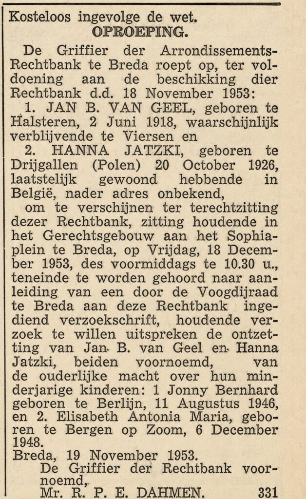 Officiële oproep uit 1953 over Jan B. van Geel en Hanna Jatzki en de ouderlijke macht over hun kinderen – achtergrond bij De vierde goudstaaf