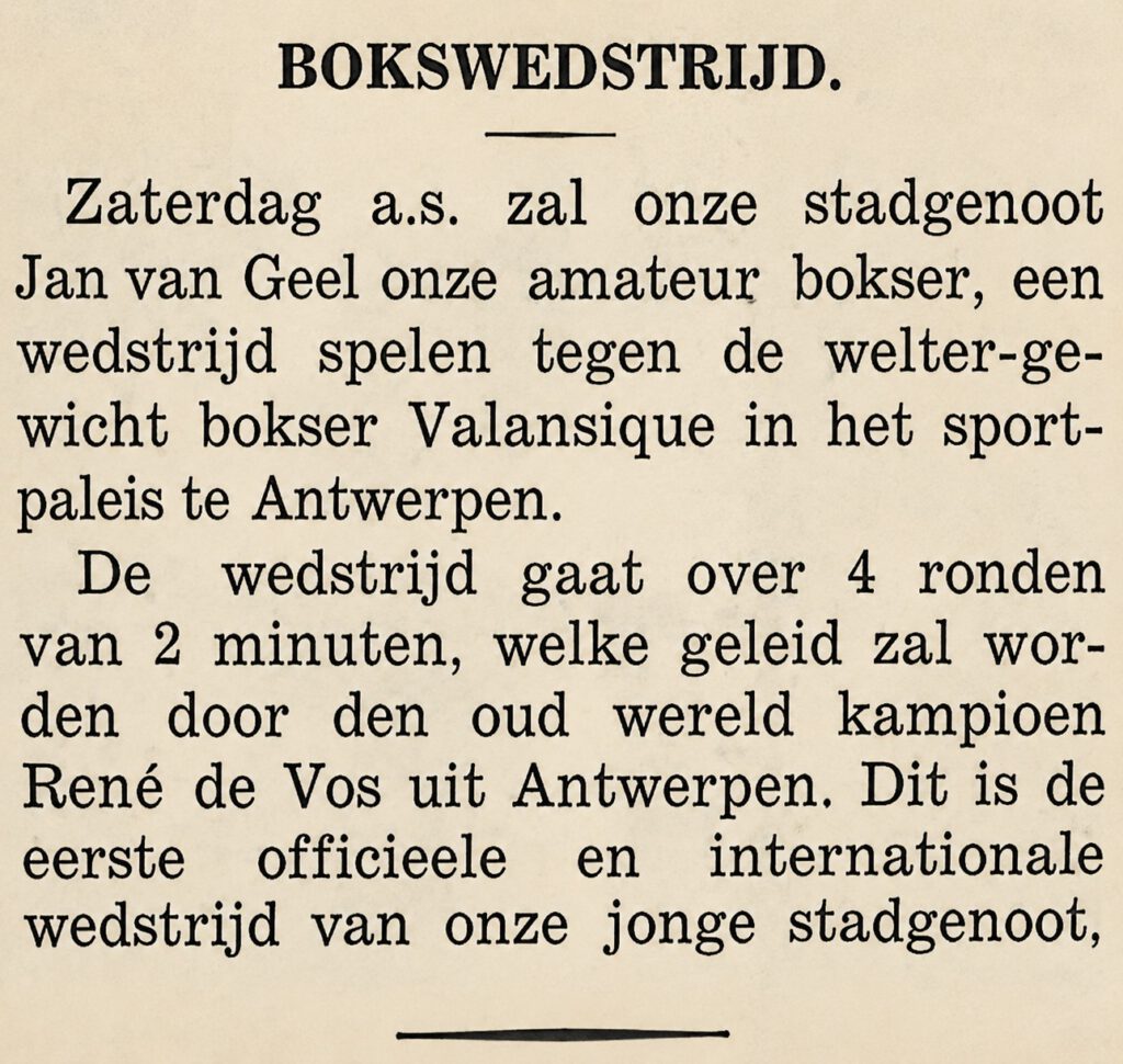 Historisch krantenbericht over bokser Jan van Geel en een wedstrijd tegen Valansique in Antwerpen – De vierde goudstaaf.