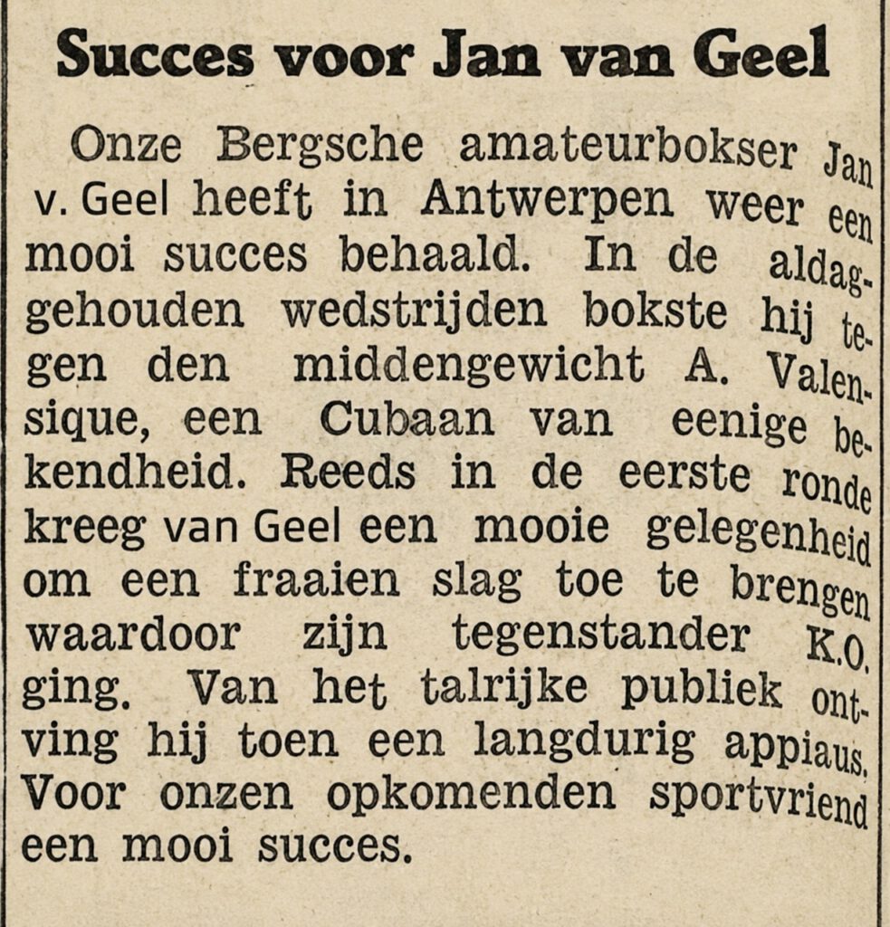 Historisch krantenartikel over bokser Jan van Geel en zijn overwinning in Antwerpen – De vierde goudstaaf