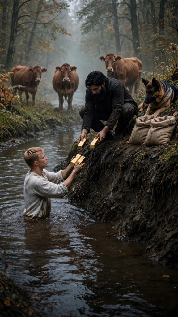 Jan van Geel geeft goudstaven door in een beek terwijl Miroslav op de oever helpt. Scène uit De vierde goudstaaf
